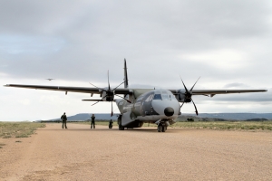 Parked up on the gravel runway at Ablitas after suffering a puncture © Karl Drage - www.globalaviationresource.com