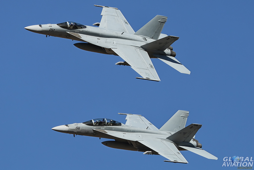 F/A-18E and F/A-18F from VFA-122 'Flying Eagles' break to join the circuit. Alan Kenny